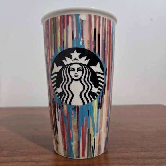 Starbucks Tumbler Travel Mug Ceramic 2015 Graffiti Paint Drip Design 12oz 355ml - Picture 1 of 7